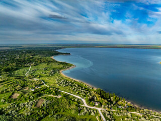 aerial view over costesti reservoir coastline at prut river on the north of moldova