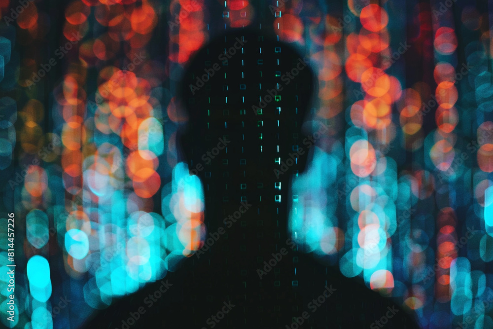 Poster a data breach with unauthorized access, a dark silhouette of a hacker against a backdrop of abstract
