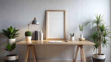 Desk Frame Mockup: A minimalist desk with a frame mockup placed on its surface, providing a simple and effective way to showcase artwork or inspirational quotes.	
