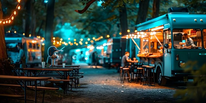 Busy summer festival with lively food truck area and fictional character. Concept Summer Festival, Food Trucks, Fictional Character, Live Entertainment, Festive Atmosphere