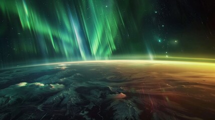 The Northern Lights as seen from Earth's orbit, a colorful display of aurora borealis over the polar region, a mesmerizing natural phenomenon. Created Using: Aurora borealis theme, polar region