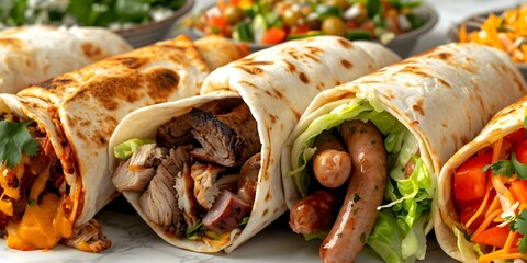 Mexican Burritos: Chicken, Beef, Sausage, Salad, and Wraps on White. Concept Food Photography, Mexican Cuisine, Burrito Varieties, Fresh Ingredients, Wraps Display