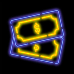 Neon glowing american dollar currency. Cash, bank loan, cash investment. Night advertising sign element. Glowing neon icon isolated on black background