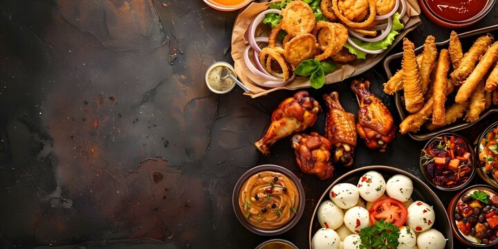 Topdown view of pub appetizers with mozzarella sticks wings onion rings. Concept Food Photography, Pub Appetizers, Topdown View, Mozzarella Sticks, Onion Rings
