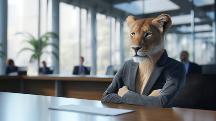 Surreal concept of a lioness in business attire seated in a boardroom, symbolizing leadership and power in a corporate setting - AI generated