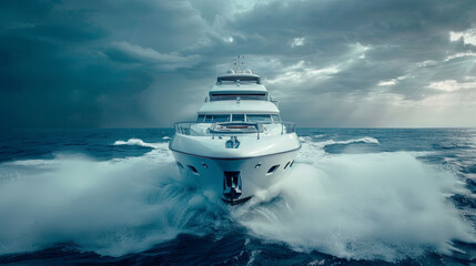 Luxury yacht at sunset on the open sea