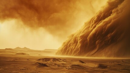 Mars during a dust storm, showing the intense atmosphere and swirling sands enveloping the landscape, a dramatic natural event. Created Using: Dramatic style, dust storm depiction, intense