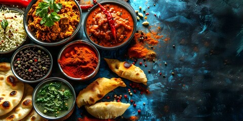 Exploring the Vibrant Indian Street Food Scene: Colorful Spices, Masala, Naan, Biryani, and Samosa. Concept Indian Cuisine, Street Food, Vibrant Spices, Naan Bread, Biryani