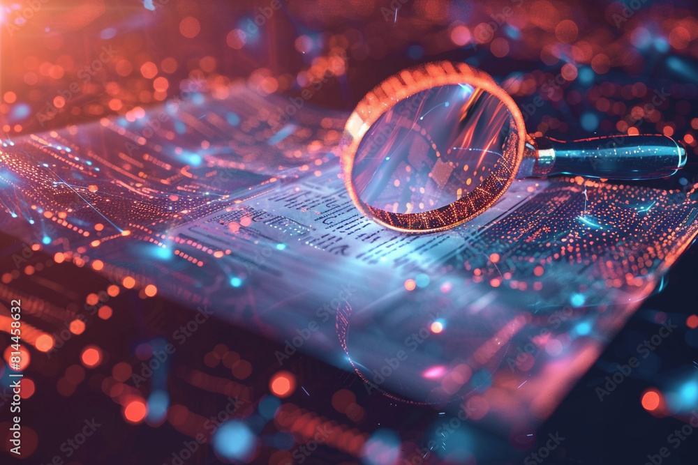 Poster a detailed it security risk assessment concept depicted with a magnifying glass focused on a documen