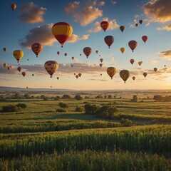 Fototapeta premium Embrace the spirit of National Camera Day with a vibrant shot of hot air balloons floating peacefully over a patchwork of fields. 