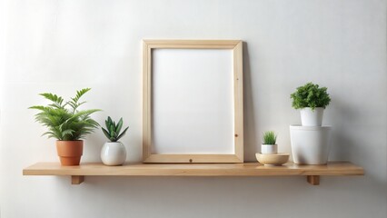 Wooden Shelf Frame Mockup: A wooden shelf with a frame mockup resting on it, offering a straightforward yet stylish presentation option for displaying images.	
