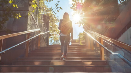 young walking up on a stairs outdoor in sunlight