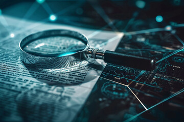 A detailed IT Security Risk Assessment concept depicted with a magnifying glass focused on a document within an abstract technological atmosphere, symbolizing scrutiny and protection  - Powered by Adobe