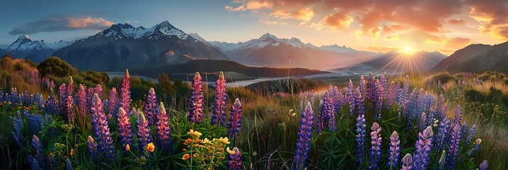 Landscape view of mountain range with lupine flowers at sunset, Fjordland, New Zealand realistic nature and landscape - Powered by Adobe