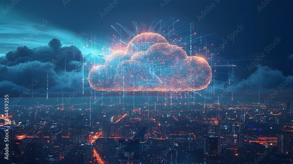 Poster glowing digital cloud network symbolizing global connectivity and advanced technology in a modern ci