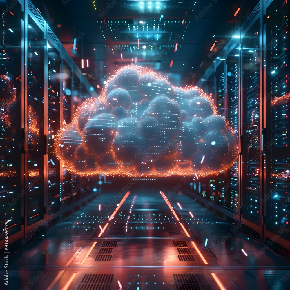 Poster futuristic cloud shaped server rack in dark digital landscape with glowing connections showcasing cl