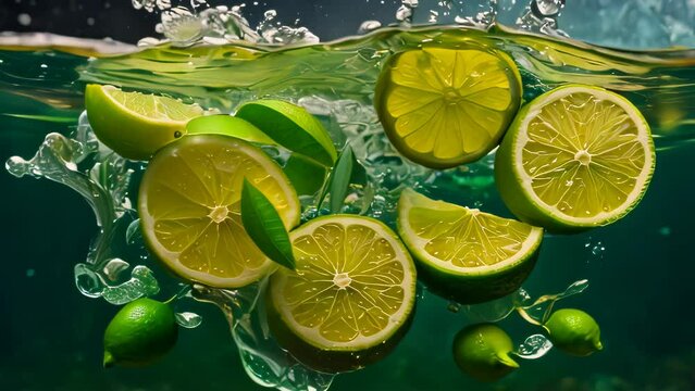 Video animation of slices of citrus fruit specifically lemons and limes submerged in water. Bubbles dance around the fruit, creating a dynamic and refreshing scene