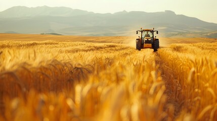 Obraz premium Tractor Traversing Expansive Golden Wheat Field During Bountiful Harvest Season