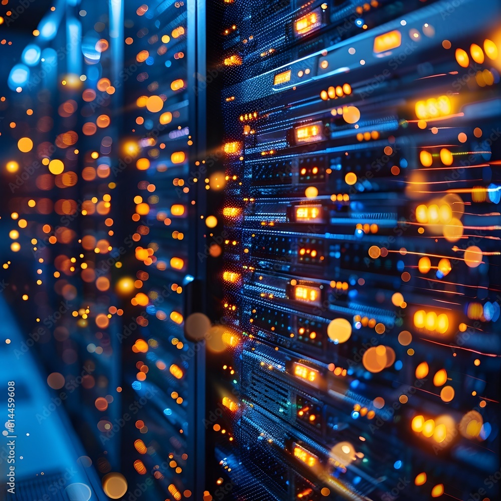 Poster glowing server room with futuristic data communication and storage technology networking concept