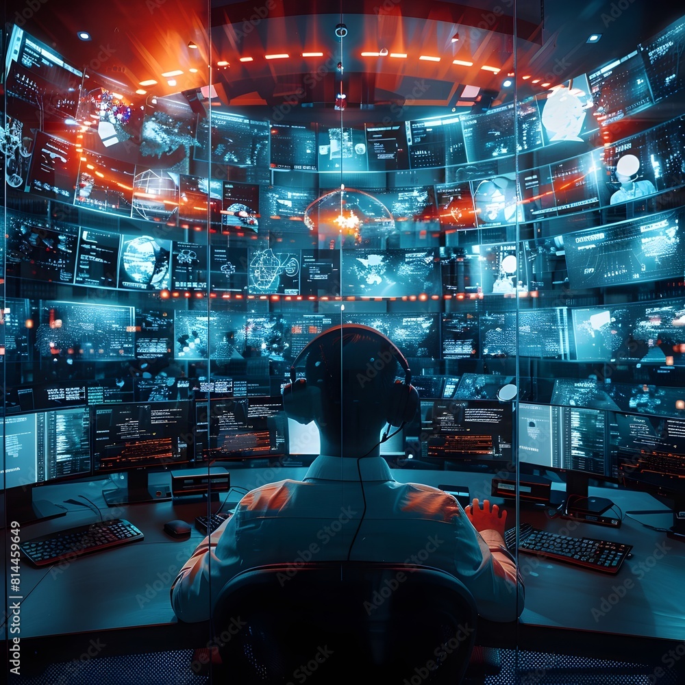 Poster agents monitoring multiple screens in a high tech customer service hub with futuristic digital commu
