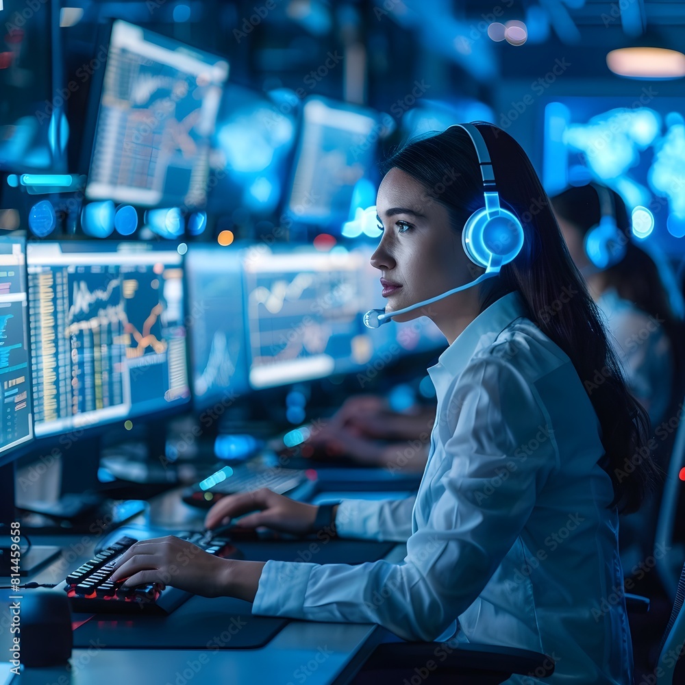 Poster customer service agents utilizing multiple screens for seamless client communication in a technology