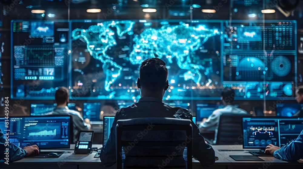 Poster futuristic global digital communications monitoring in a network center