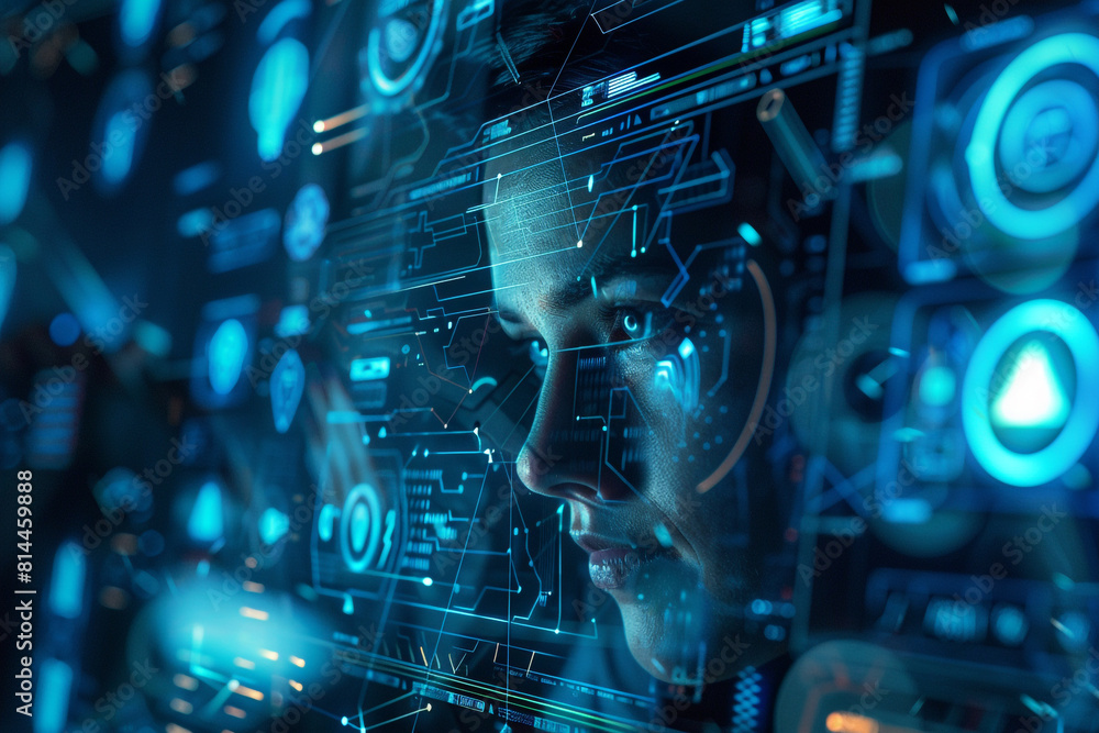 Poster a digital composite image illustrating the concept of identity theft protection, featuring futuristi