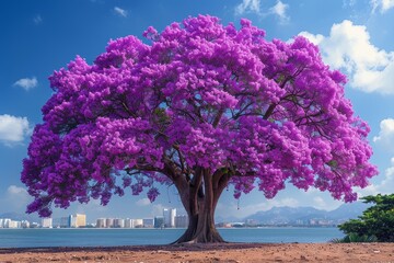 Jacaranda Tree in Full Bloom: Purple flowers covering the branches.  - Powered by Adobe