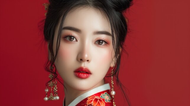 beautiful asian woman in chinese traditional costume on red background.