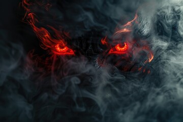 Fototapeta premium fiery red eyes appeared from the darkness. spooky foggy background