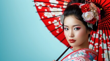 Beautiful asian woman with red umbrella on blue background, asian model.