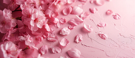 Pink cherry blossom petals on textured pink background.