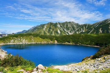 澄んだ青色の立山の風景（みくりが池）