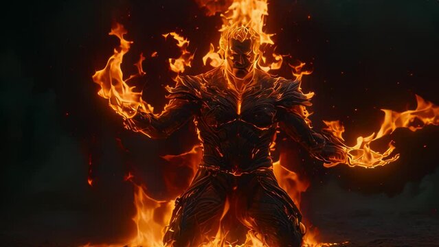 Video animation of  figure engulfed in flames against a dark background. The fiery effect gives the impression of a person or entity composed of fire