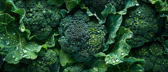 Produce a digital artwork depicting a close-up eye-level angle of fresh, vibrant broccoli florets with dew drops, showcasing intricate textures and rich shades of green
