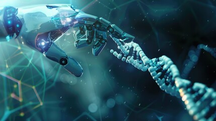 Naklejka premium background of robot technology with human DNA. Successful technology makes life better