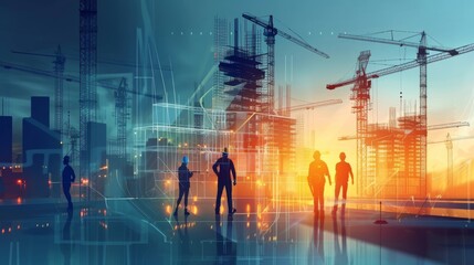 illustration digital building construction engineering with double exposure graphic design. Building engineers, architect people, or construction workers working