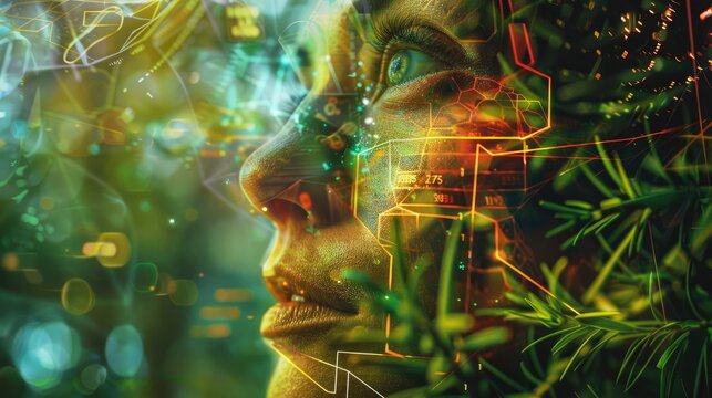 A highly detailed digital portrait of a woman overlaid with dynamic data visualizations and a green, technological backdrop.