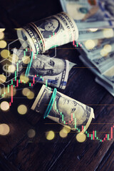 United States dollars. Pile of hundred USD banknotes. Green toned photo with selective focus