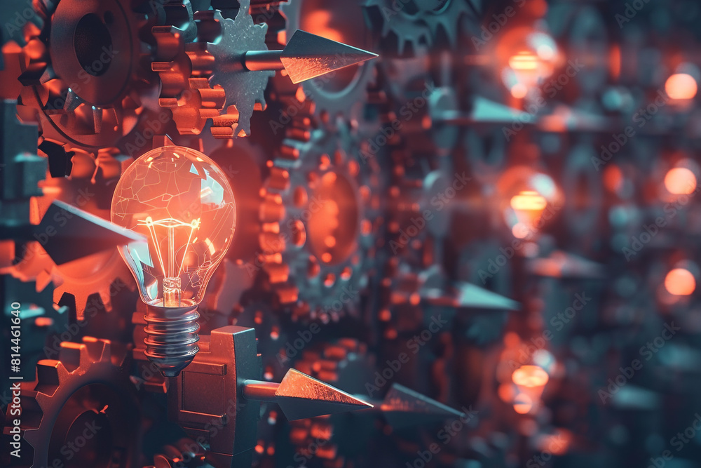 Poster a dynamic array of arrows, gears and a glowing light bulb, symbolizing innovation, strategic thinkin