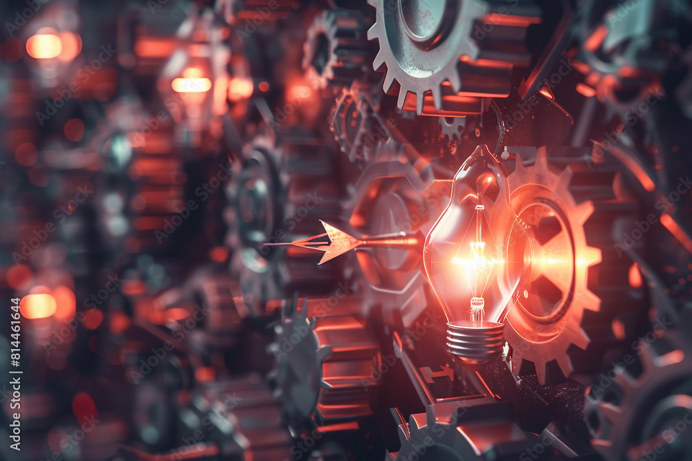 Poster a dynamic array of arrows, gears and a glowing light bulb, symbolizing innovation, strategic thinkin