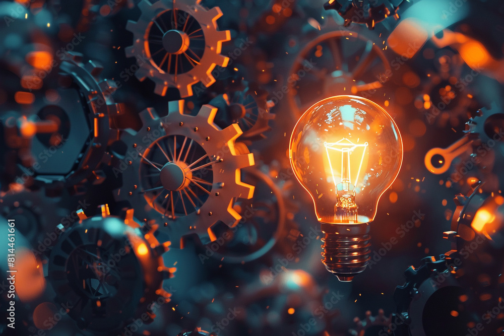 Poster a dynamic array of arrows, gears and a glowing light bulb, symbolizing innovation, strategic thinkin