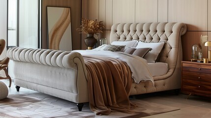 A bedroom with a chic, tufted bed frame, a modern nightstand, and a luxurious, cashmere throw blanket