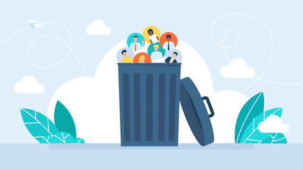 	
Virtual friends in the trash can. Social network icons. Digital lifestyle, Loneliness, Internet solitude concepts. Digital detox concept. Refuse gadgets and social networks. Flat illustration