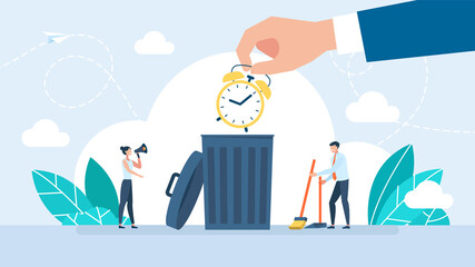Man throws out alarm clock in trash can. Trash bin with clock, icon, recycle time, hour cleaning, waste. Flat style illustration