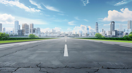 straight asphalt road leading to the city with modern buildings
