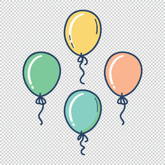 Simple and minimalistic line art balloon set, colorful vector illustrations on transparent background