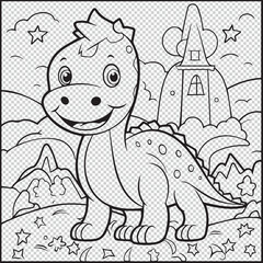 Cartoon dinosaur and landscape for kids coloring book, simple vector illustration on transparent background
