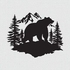 Cartoon grizzly bear and landscape logo, black vector illustration on transparent background