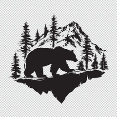 Cartoon grizzly bear and landscape logo, black vector illustration on transparent background